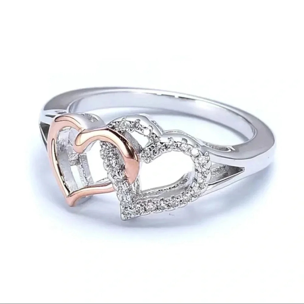 Silver And Rose Gold Infinity Rhinestone Hearts Ring - Picture 2 of 4